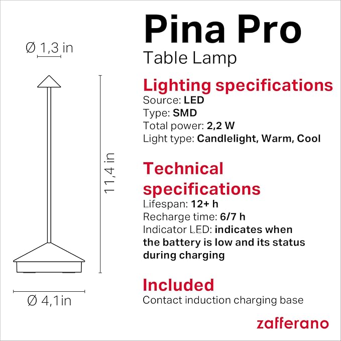 Zafferano, Pina Pro Lamp with Silver Leaf, Rechargeable Cordless Table Lamp with Touch Controls, Usable as an Indoor Lamp, Dimmer, 2200-3000 K, Height 11.4 Inches