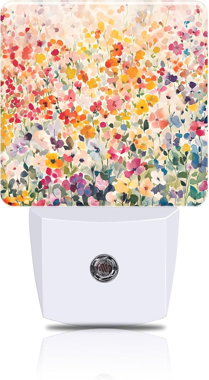 Colorful Flowers Night Light, Watercolor Floral Plug-in Nightlight with Dusk to Dawn Auto Sensor for Home Bedroom Hallway Kitchen 0.5W Sleep Friendly Led Lamp for Women Men