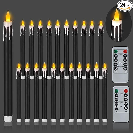 Flameless Taper Candles 10.6" Dripless Battery Operated Taper Candles Included Remote Timer 400+ Hours by 2AA Batteries for Halloween Christmas Wedding (Black+White, 24 Pack)
