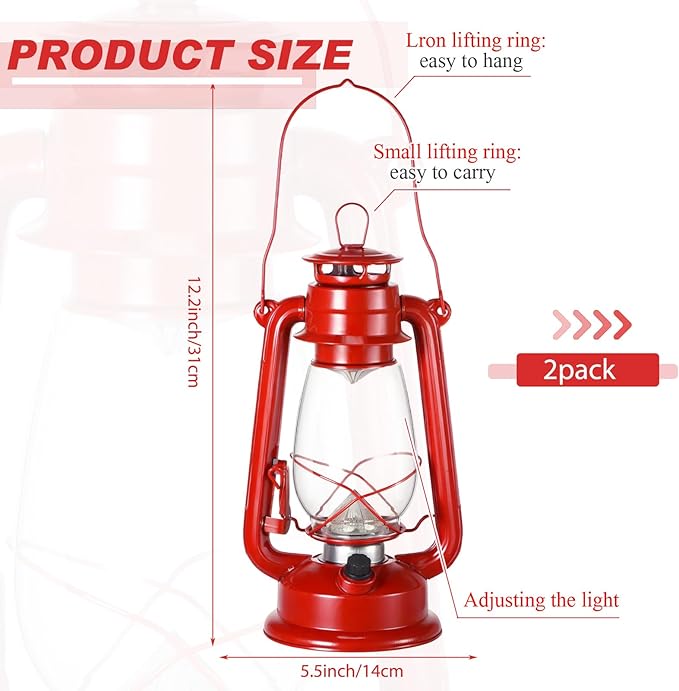 Hortsun 2 Pcs 12 Inch Vintage LED Hurricane Lantern Metal Red Outdoor Battery Operated Hanging Lantern with Warm LEDs and Dimmer Switch for Halloween Christmas Indoor Rustic Farmhouse Camping Decor