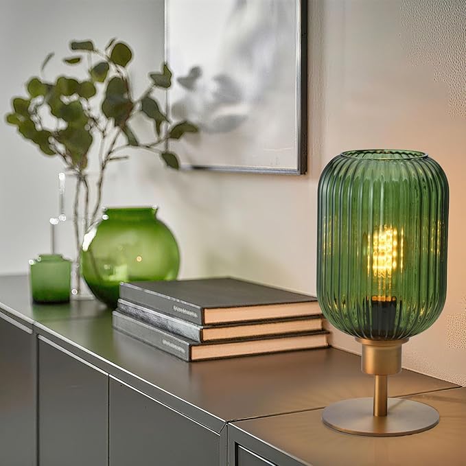Mid Century Glass Table Lamp,Dimmable Desk Lamp,LED Bulb Included,Timer Build-In,Green Ribbed Glass