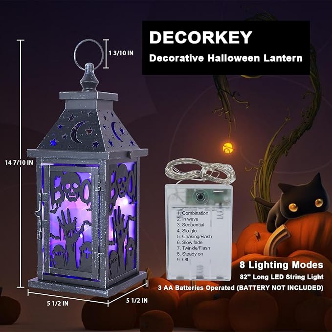 DECORKEY Halloween Decorations Indoor, 14.9" Decorative Graves&Skeleton Hands Lantern with 82" LED Lights(8 Modes; No Battery), Hanging Spooky Halloween Lanterns, Outdoor Home Room Door Party Decor