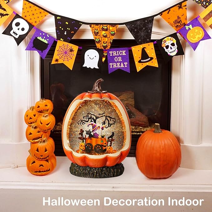 Halloween Snow Globe Lantern with Pumpkin Halloween Decorations Indoor for Home, Lighted Halloween Decor with Black Cat Gnome Timer Swirling Glitter, USB or Battery Operated