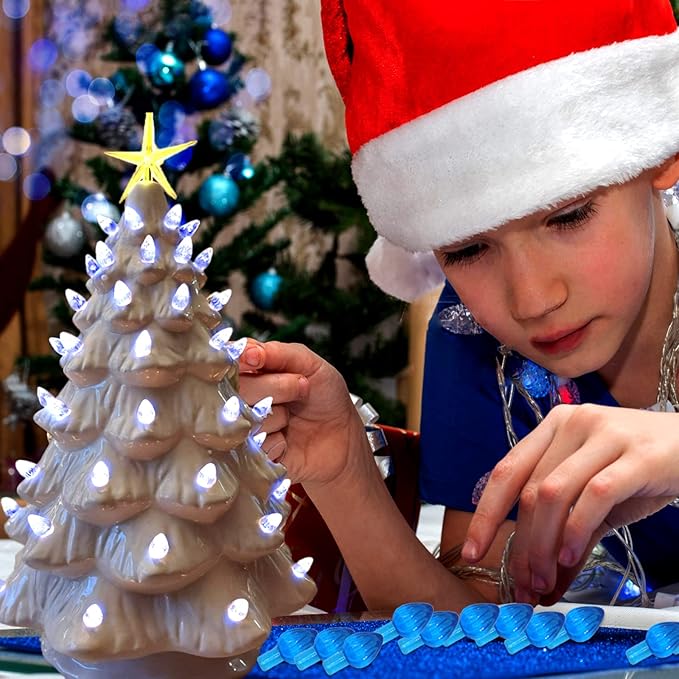 Ceramic Christmas Tree Replacement Lights Bulbs, Klein Blue Medium Twist Plastics Pegs Ornaments for Ceramic Tree(87 Bulbs＆ 3 Topper Star)