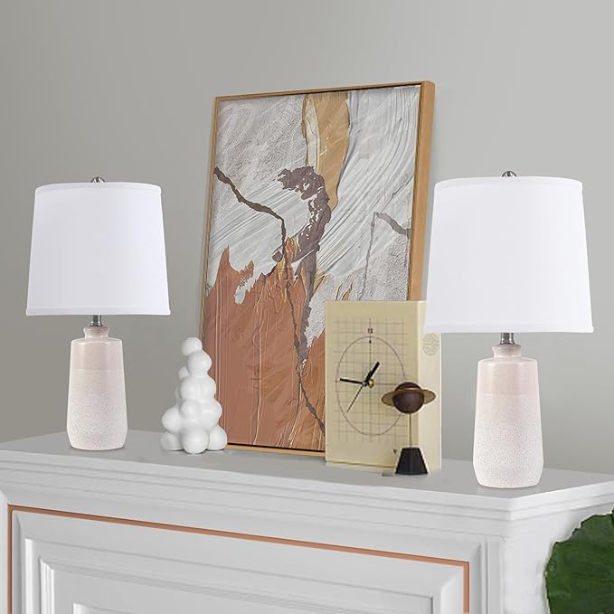 20.5" Ceramic Table Lamp Set of 2 for Bedrooms, White Lamps Set of 2 for Living Room, Minimalist Ceramic Lamps with White Barrel Lampshade, Matte White Ceramic Lamps for Nightstand