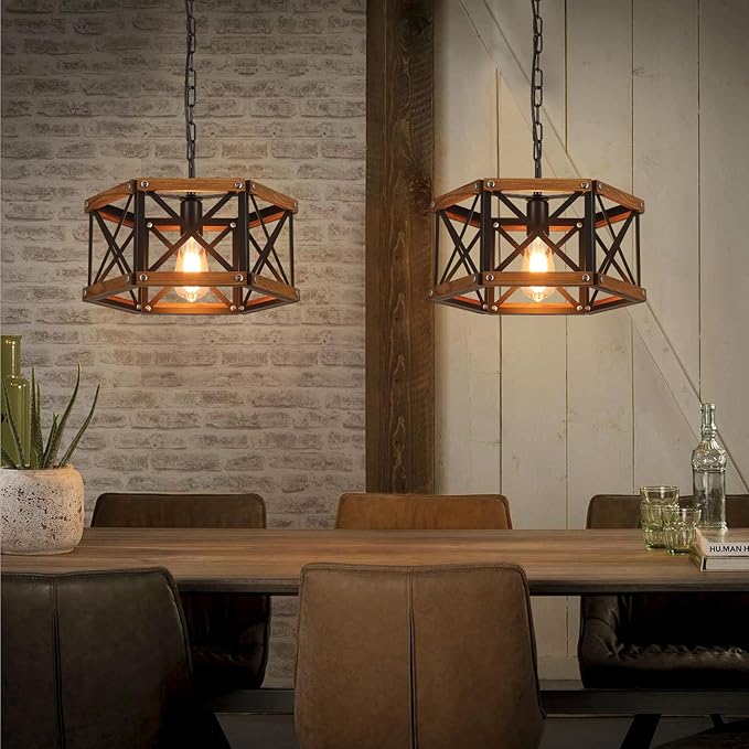 Rustic Farmhouse Plug in Pendant Light Fixture with Adjustable Chain, Dimmable Switch, 14.5 inch Industrial Oak Wood and Metal Cage Hanging Lamp for Kitchen Island Dining Room Farmhouse, Black