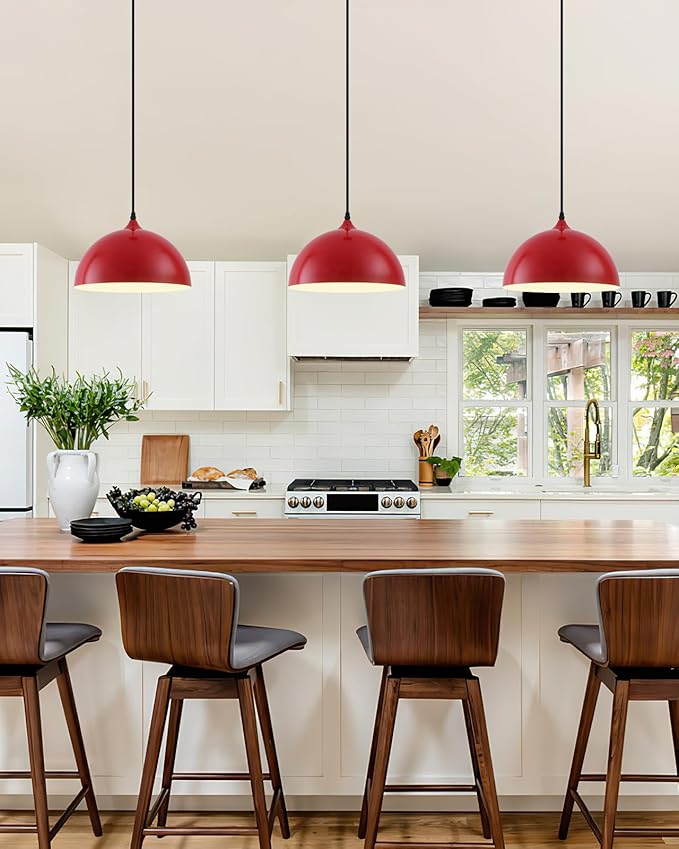 Industrial Pendant Light Fixtures,11.8" Red Dome Pendant Light Over Kitchen Island 3 Pack, Adjustable Vintage Ceiling Hanging Lamp for Bedroom Restaurant Bar Cafe Dining Room Sink