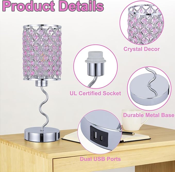 Crystal Table Lamp with 3 Way Dimmable Touch Control, Nightstand with USB A+C Ports, Modern Bedside Touch Lamp for Bedroom, Living Room, Office Reading, Pink