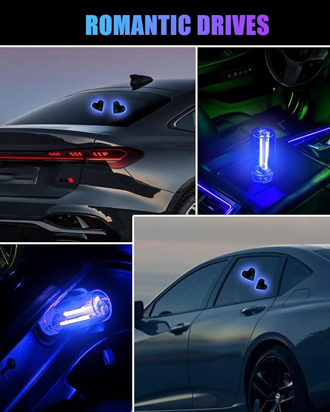 Valentines Day Decorations Car LED Interior Lights, Solar & Type-C Rechargeable Heart-Shaped Car Ambient Lights, 2 PCS Heart Lights & 2 PCS Mini USB Lights, Blue Car Decorations