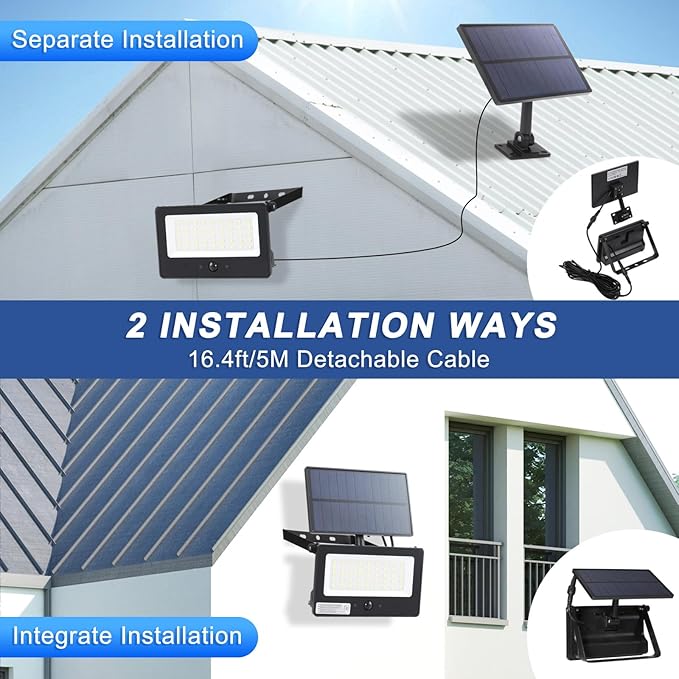 Solar Flood Lights Outdoor Waterproof with Remote Control, 1000LM 6500K 4 Modes 16.4FT Cable Solar Motion Flood Lights for Outside Wall Garage Shed Patio Yard Porch Garden Decor(Cool White)