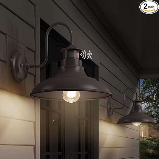 2 Pack Farmhouse Gooseneck Wall Sconce Barn Lights,Motion Sensor and Dusk to Dawn Outdoor Wall Mount Lighting Fixtures,3 Modes Exterior Porch Light IP65 Waterproof E26 Matte Brown Wall Lamp for Patio