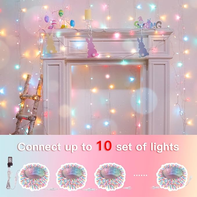 suddus Pastel Easter String Lights, 33ft 100 LED Multicolor Fairy Lights with Remote, Connectable Clear Wire Twinkle Lights for Spring Decor, Aesthetic Bedroom, Classroom, Dorm, Plug in