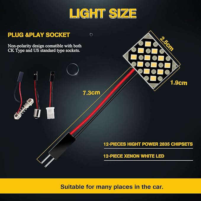 YM E-Bright 2835 Chipset 12SMD Led Panel Dome Lights Auto Car Interior Reading Lamp with T10 / BA9S / Festoon Adapters DC 12V White Pack of 6