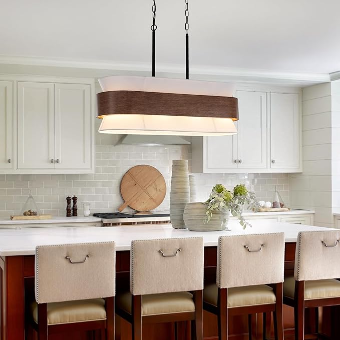 31.5" Farmhouse Kitchen Island Chandelier 4-Light Dining Room Light Fixture, 2-Tier Chandelier with Wood Grain Finish and White Fabric Shade, Adjustable Pendant Lights for Kitchen Island Over Table