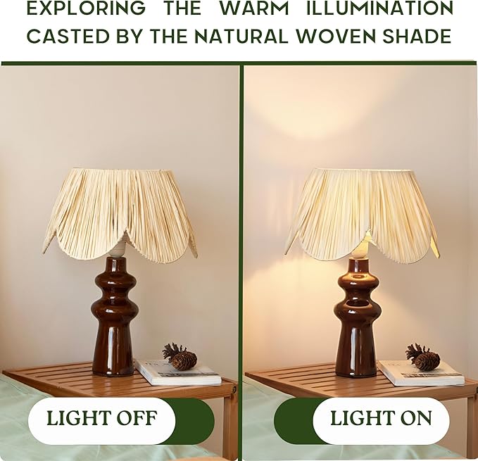 Raffia Lamp Shade for Table Lamps, Scalloped Wicker Small Lampshade for Living Room, Bedroom, or Desk Lamp, Boho Spider Pleated Lamp Shade (8.3”T x 13”B x 7.5”H) (Base & Bulb NOT included)