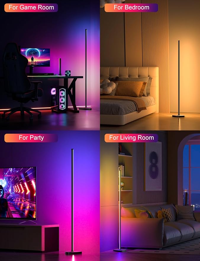 Corner Floor Lamp, 57.5" LED Corner Lamp with APP and Remote Control, 16 Million Colors & Dynamic Modes, Music Sync, Timing Function, Color Changing Ambient Light for Living Room, Bedroom, Gaming