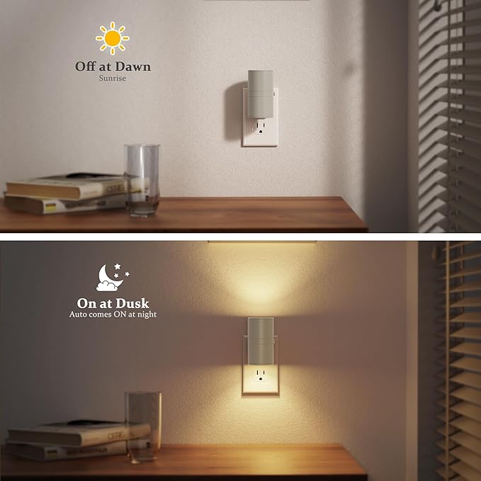 JandCase Night Lights Plug into Wall, Dimmable Gray Night Lights with Dusk to Dawn Light Sensor, Soft White 3000K, 0-100LM Adjustable Brightness Nightlight for Hallway Bathroom, 2 Pack