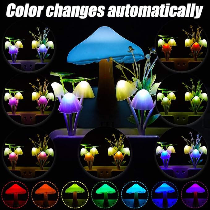 Riakrum 8 Pcs Mushroom Night Light 7 Color Changing Mushroom Lights LED Lamp Plug into Wall Sensor Cute Plant Night Lights for Bedroom, Bathroom, Stairs, Toilet, Hallway, Kitchen
