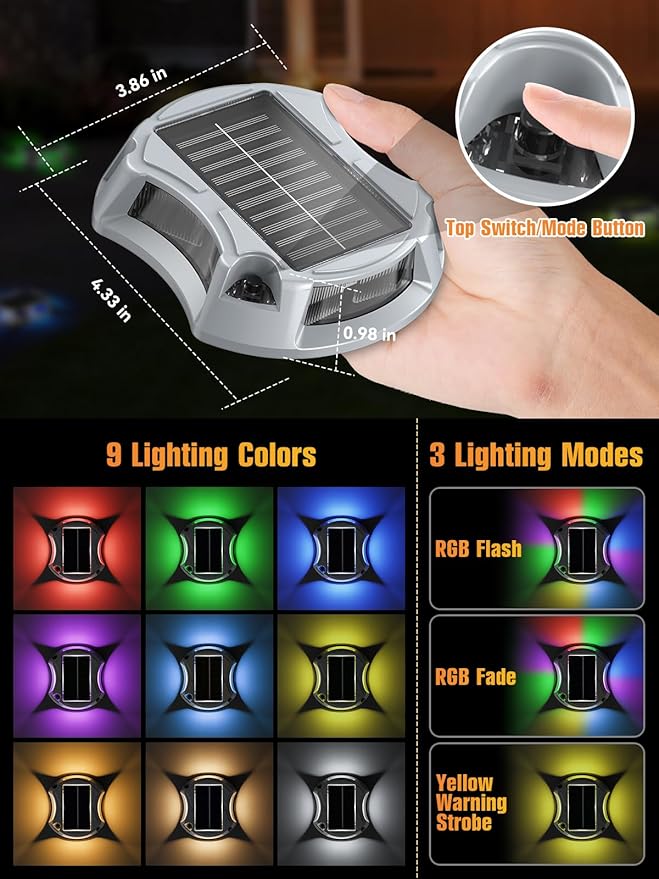 Solar Driveway Lights Solar Dock Lights 9 Colors in 4 Pack, Waterproof IP68, Outdoor, for Driveway Markers, Pathway, Sidewalk, Marine Dock, Warning Step