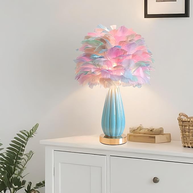 Colorful Feather Lamp Modern Feather Table Lamp Romantic Rainbow Bedside Lamp Nordic Fluffy Princess Nightstand Light for Girl Bedroom Living Room Entry Office Wedding Atmosphere