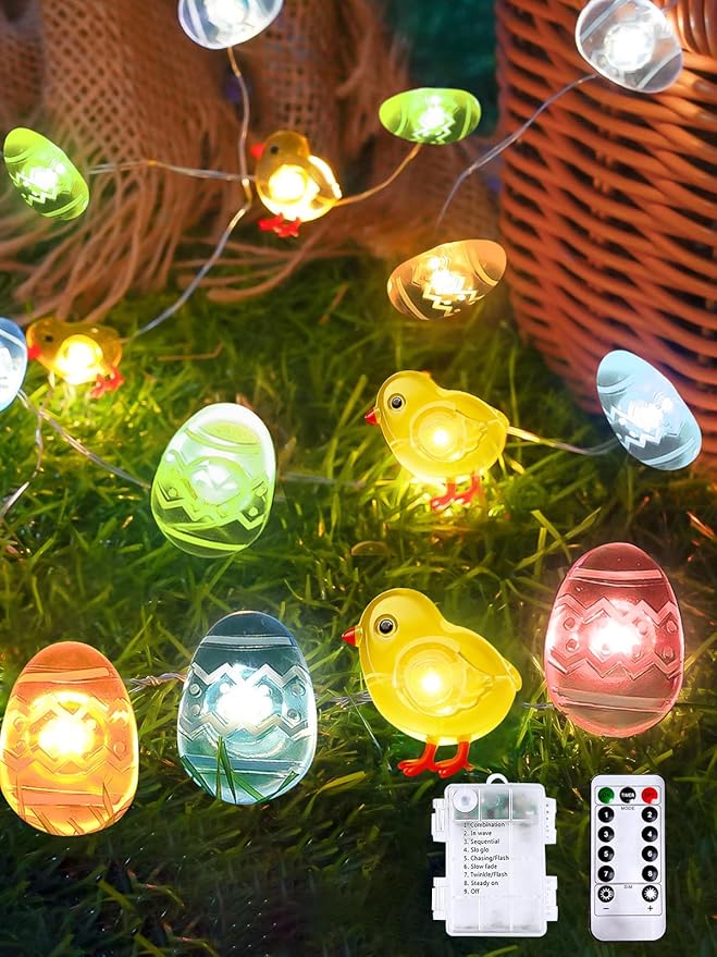 Easter Decoration Fairy Lights, 10 FT 30 LED Multicolor Eggs Chicken String Lights Battery Operated with Remote, 8 Modes Waterproof LED Light Mini Decor for Outdoor Indoor Easter Party Home DIY Decor