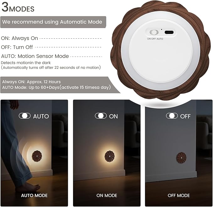 Motion Sensor Night Light Wooden Carved Flower Mini USB Rechargeable Stick-On Step Lights Magnetic Wall Lights for Hallway Bedroom Living Room Stair (2 Pack Black Walnut)