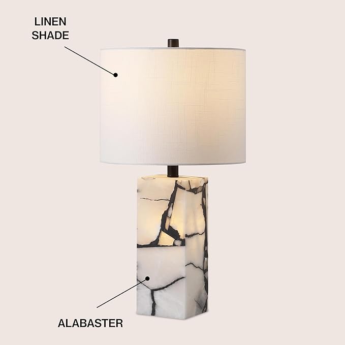 JONATHAN Y JYL8507A Elizabeth 24.25" Contemporary Coastal Alabaster LED Table Lamp with Body Night Light Bedroom, Living Room, Office, Dining Room, Black/White