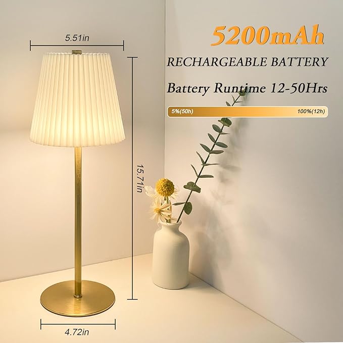 Mini Table Lamp Cordless, 5200mAh LED Mini Lamps Gold Fabric Pleated Shade small Battery Operated Lamp with 3 Colors Stepless Dimming Touch Lamps for /Bedroom/Bars/Outdoor Party/Camping,1 Pack