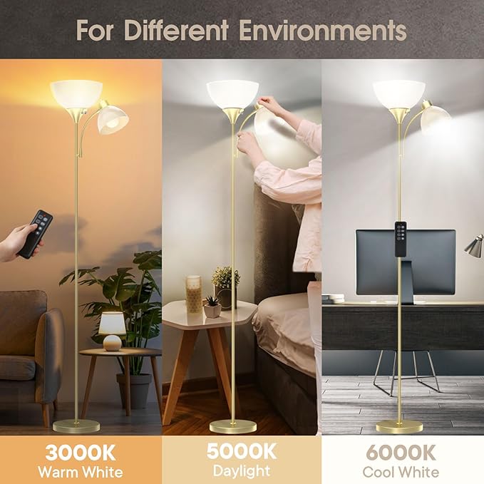 GERGO Led Floor Lamp, Super Bright 11W+7W 2100LM Torchiere Floor Lamps for Living Room, Stepless Adjustable 4 Color Temperatures 3000K-6000K with Remote Control for Bedroom(Golden)