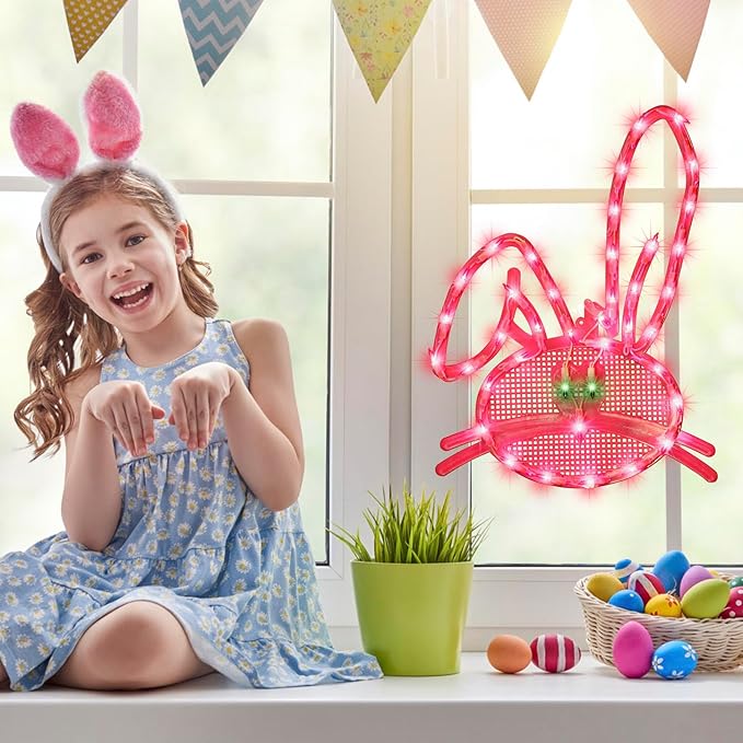 LAMPHOME 17" Lighted Pink Bunny Head Easter Window Silhouette Decoration