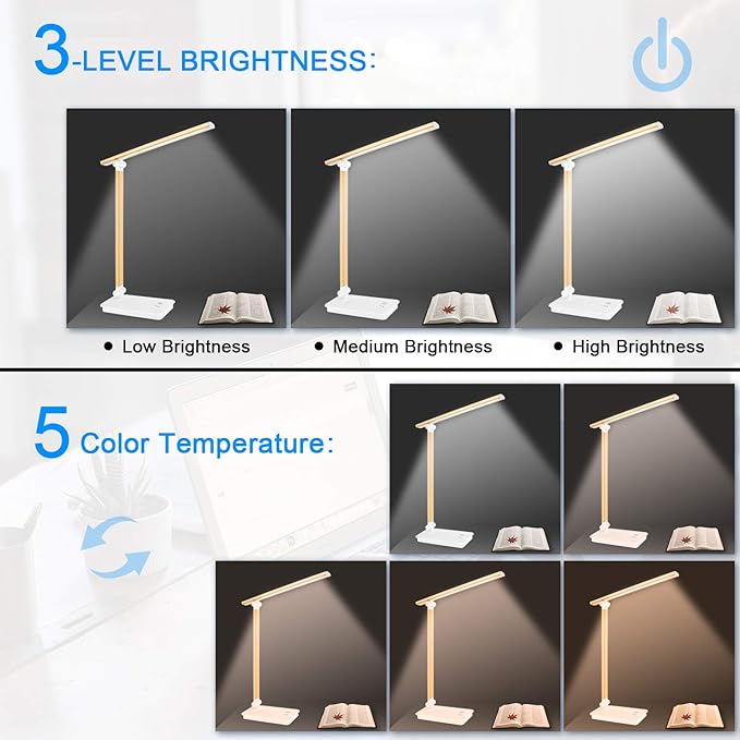 LED Desk Lamp with USB Charging Port Dimmable Eye Caring Table Lamp for Home Office, Touch Control with 5 Lighting Modes 3 Level Brightness
