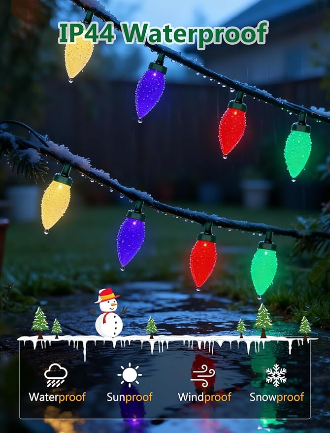 C9 Christmas String Lights Outdoor, 26FT 50 LED Vintage Multicolor Fairy Lights, Plug in UL Listed Waterproof Connectable Christmas Tree Lights for Home, Roofline, Garden, Patio Decor, Green Wire