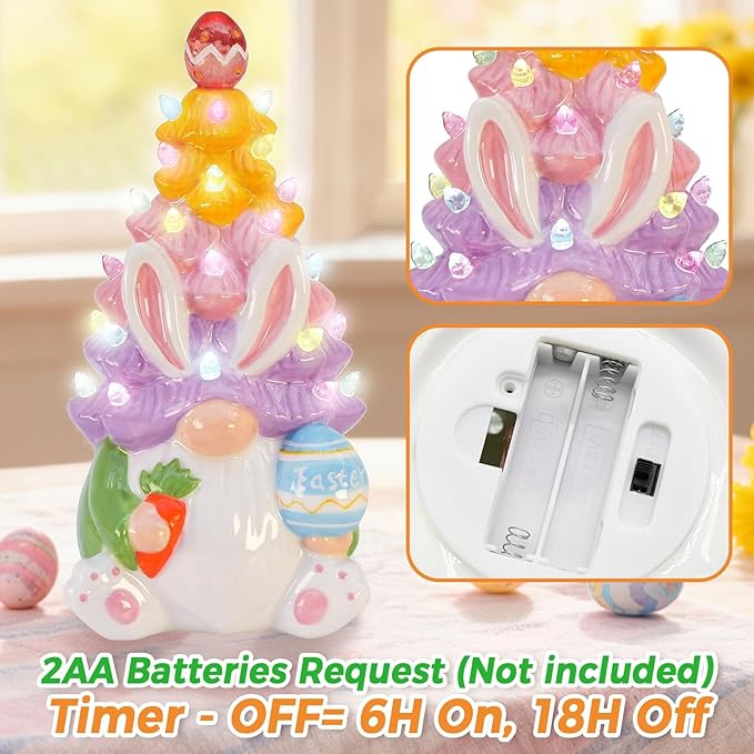 Timer - Easter Decorations for Home - Light up Easter Bunny Decor Spring Gnome Ceramic Tree Decor - Spring Decorations Centerpieces for Tables