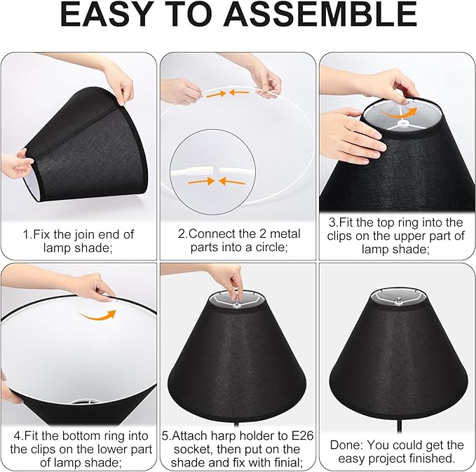 Black Lamp Shades Set of 2, 6" Top x 16" Bottom x 10.8" High, Empire Large Lamp Shades Replacement for Table Lamps Floor Lamps, Natural Linen Lampshades, Spider, Harp Holders Included, Easy Assembly