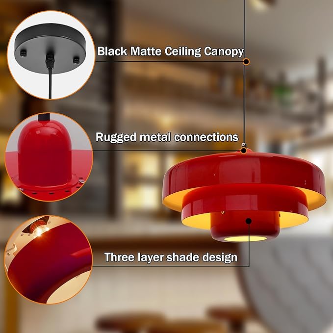 Mid Century Pendant Light Fixtures Red Ceiling Pendant Lighting 3-Layer Metal Shade Design Vintage Hanging Light Flush Mount Light for Dining Table Kitchen Island Hallway