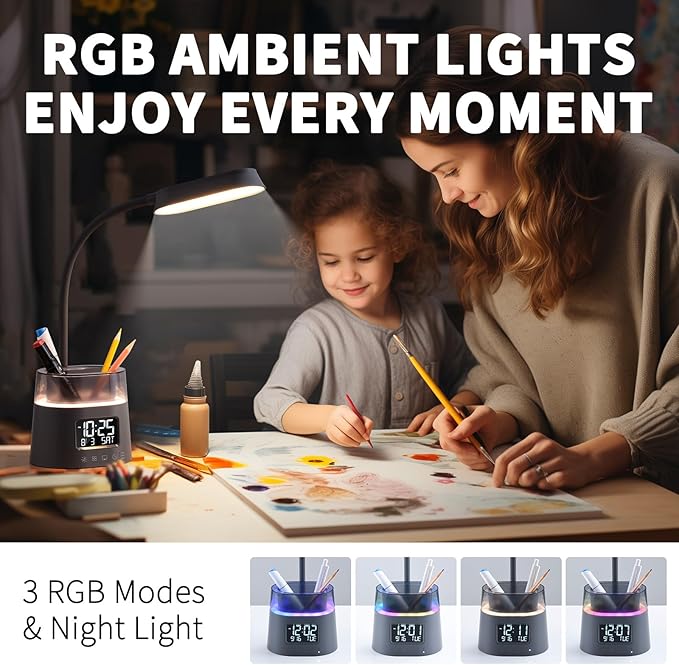 Led Desk Lamp for Home Office, Touch Table Lamp with Pen Holder, 3 Color Modes Stepless Dimmable Reading Light, Gooseneck Lamp for Dorm Room, Bedside Study Light with Clock for Kids, Girls, Boys