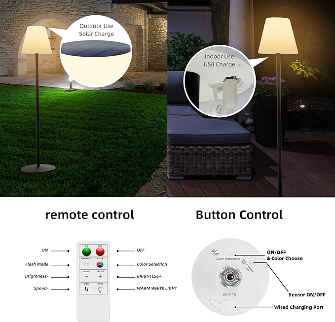 Solar Outdoor Floor Lamp USB Rechargeable Cordless Dimmable RGB Warm White LED Lights for Yard Garden Patio