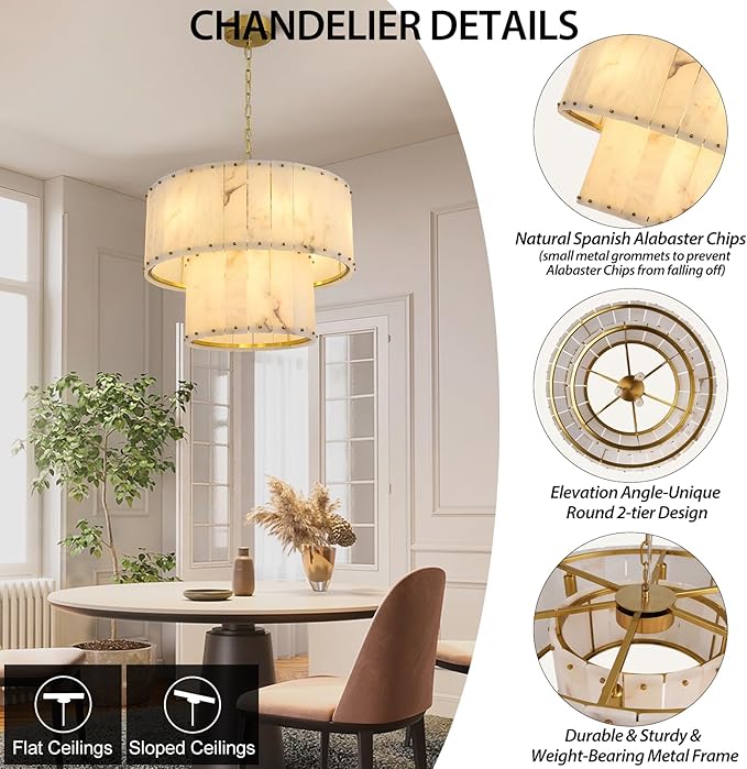 Alabaster Chandelier D24in Spanish Natural Marble Round Chandeliers,2 Tiers Alabaster Pendant Light,Modern Dining Room Chandelier, Dimmable Gold Chandeliers for Bedroom,Foyer,Bathroom,Entryway
