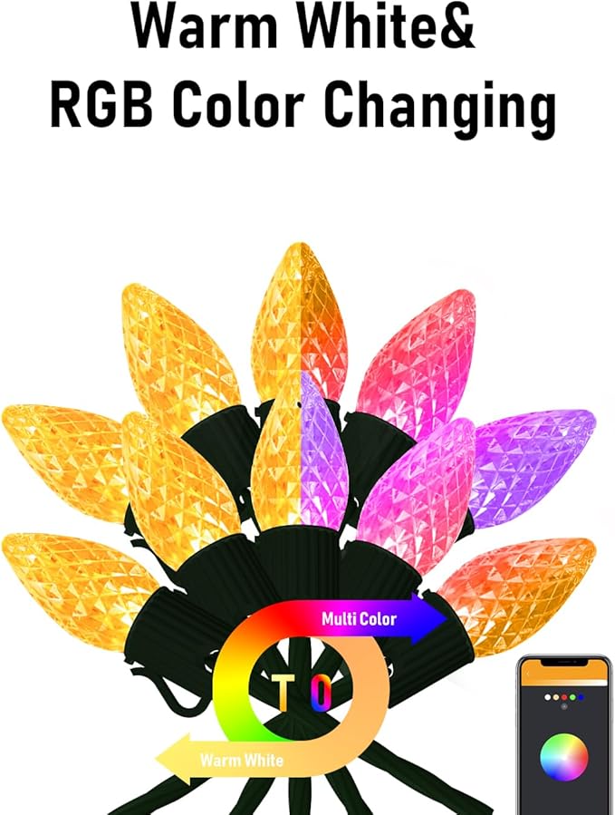Smart C9 LED Christmas Lights Outdoor, Ultra Long 200 Count 157FT, APP Programmable, 105+ Modes, RGB Color Changing, Music Sync, IP65 Waterproof Connectable for Roofline Patio Xmas Tree Holiday Decor