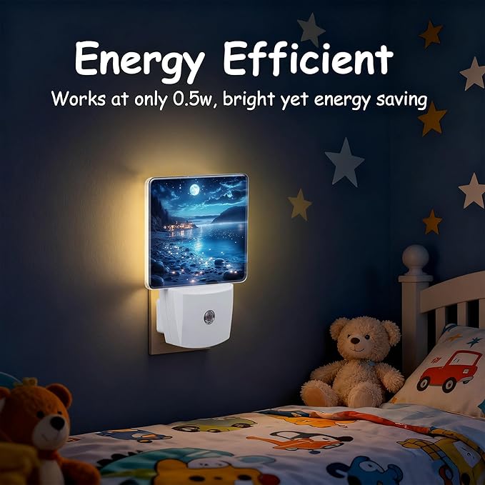 Full Moon and Sparkling Lake Night Light for Kids, Dusk-to-Dawn Auto Sensor Plug in Night Light, 0.5W Energy Saving Non-Toxic Design for Bedroom/Bathroom, Ideal Gifts for Women, Men & Kids