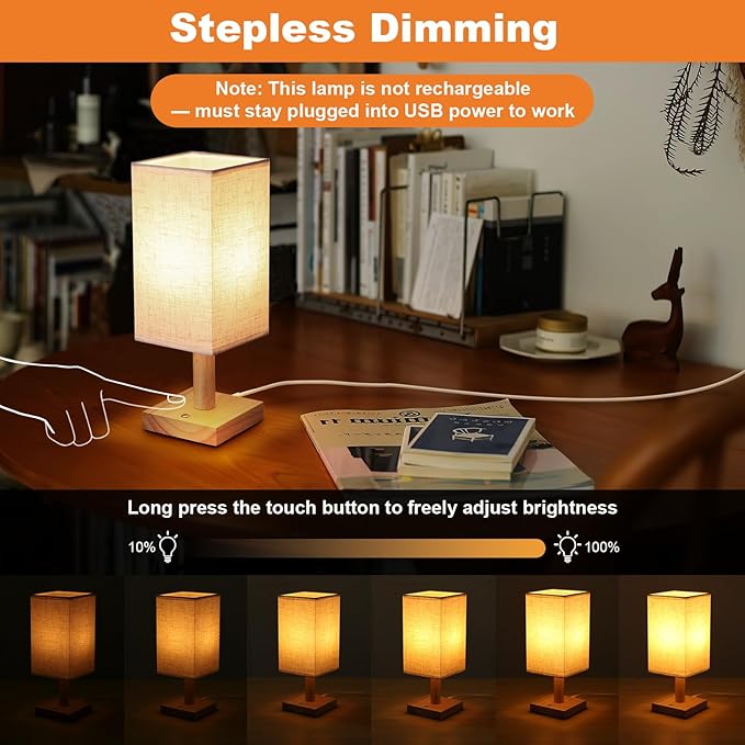 Small Corded Touch Square Table Lamp Set of 2 with Stepless Dimming, Natural Wood Base & Linen Fabric Shade, 5W Ambient Night Light for Bedroom, Bedside, Nightstand, Living Room, Nursery