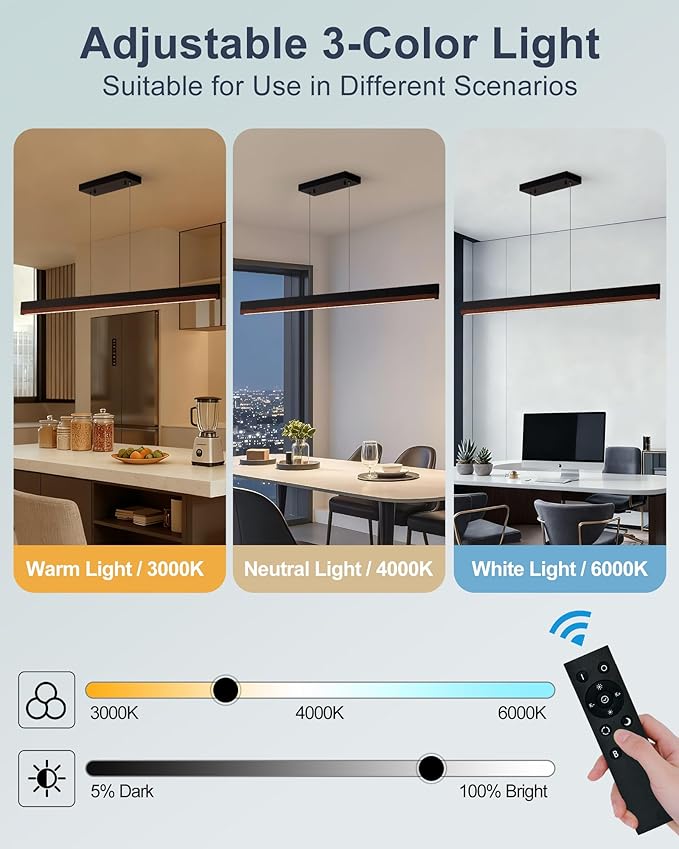 71" Wood Linear Pendant Light, Dimmable Kitchen Island Lighting with Remote, 24W LED Wood Linear Chandelier, Adjustable Hanging Pendant Light for Dining Room, Kitchen Island, Office-Walnut