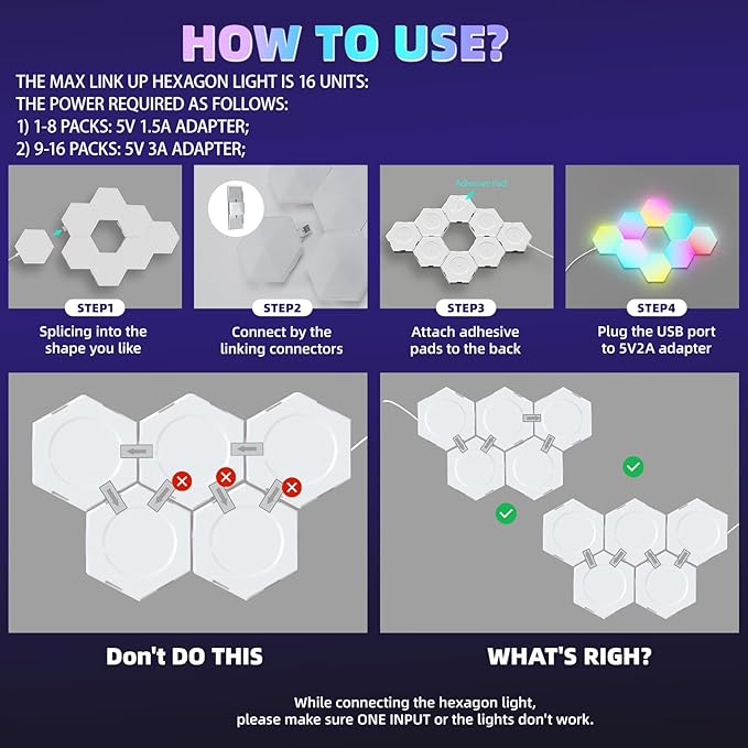 Smart Hexagon Lights DIY Hexagon Led Light App & Remote Controlled & Music Sync Features USB & Type C Modern RGB Wall Panels for Living & Gaming Decor (8Pack)
