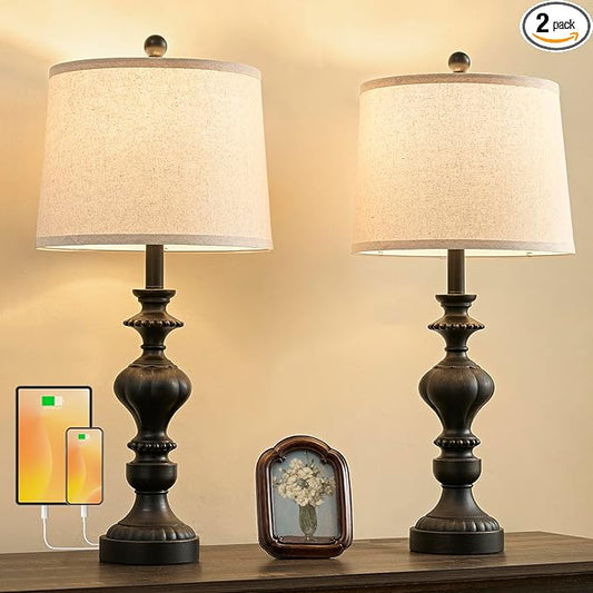 27.5" Farmhouse Table Lamps Set of 2 Bedside Nightstand Lamp with USB C+A Ports & AC Outlet, 3 Way Dimmable Touch Lamps for Bedroom Living Room Office Rustic Lamp (Rotary Switch-Black)
