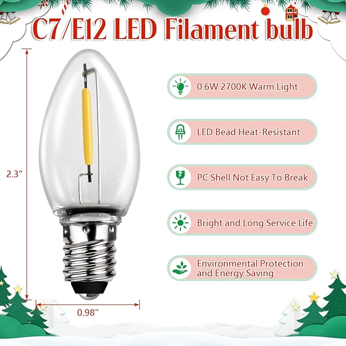 Christmas Village Lights with 5 LED Bulbs, 9ft Accessory Cord with C7 LED Light Bulbs for Halloween Pumpkin, Blow Mold, Christmas Villages Houses, Ceramic Trees, Craft Projects