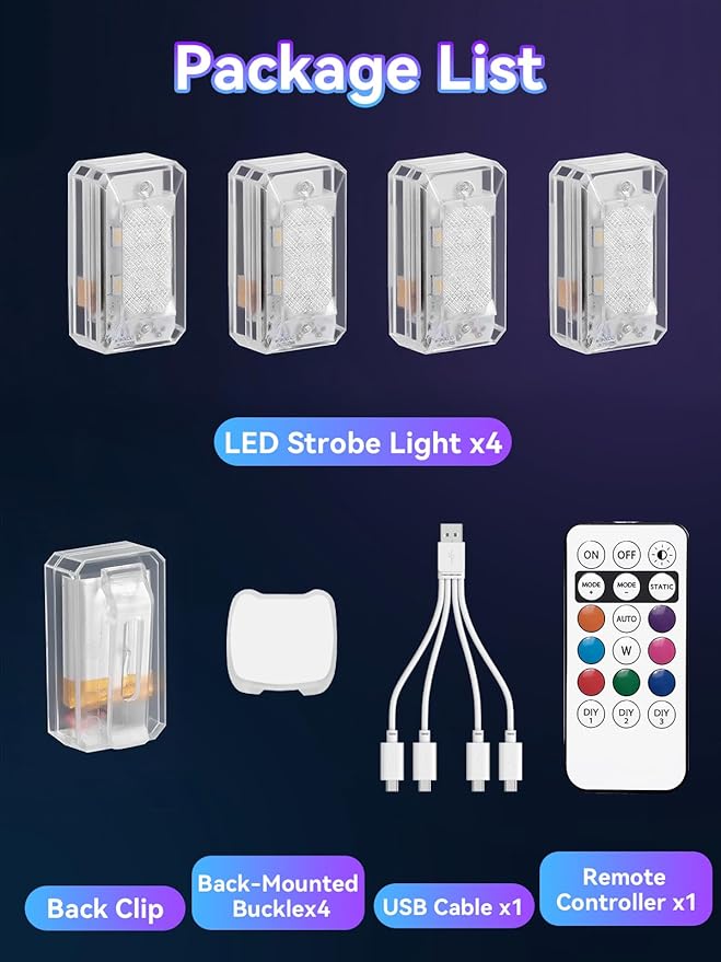 Asunder 4PCS Upgraded 500mAh Wireless LED Strobe Lights with Remote,8-Color Waterproof Rechargeable Emergency Lights with 11 High-Brightness LEDs for Cars,Motorcycles,Bikes,Drones&Aircraft
