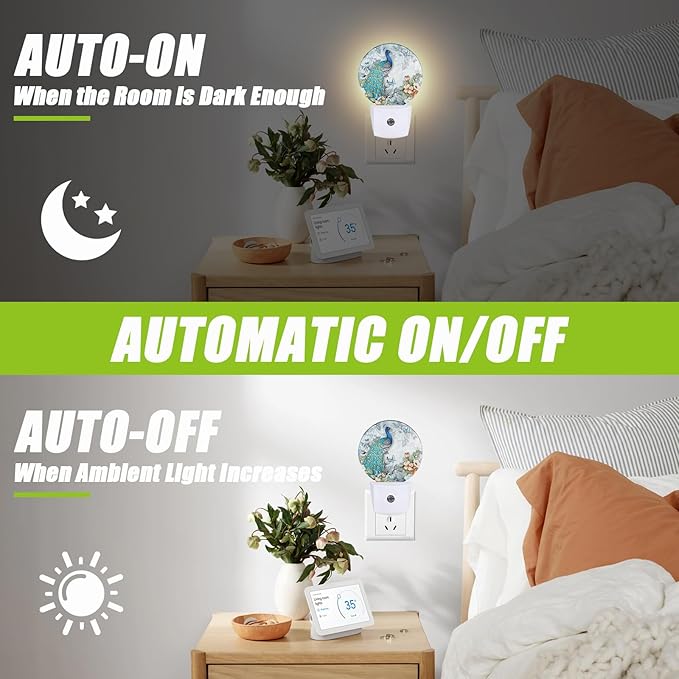 Peacock Night Light,Plug-in Night Lights with Dusk-to-Dawn Sensor for Bedroom Bathroom and Living Room Sleep Friendly lamp