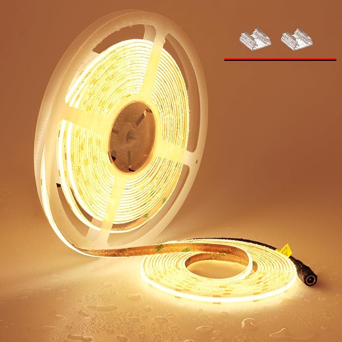 TOPAI 24V COB LED Strip 32.8ft Warm White 3000K Outdoor Waterproof CRI>93 Self Adhesive Uniform Dotless 384LEDs/M Cuttable Flexible for Cabinet Home Office DIY Lighting Projects