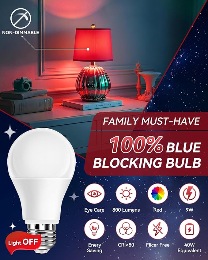 Neporal 3W 625nm Red Light Bulbs for Sleep, 100% Blue Light Blocking Bulb, Red Light Night Light for Melatonin Promoting, A19 40W Equivalent Dim Light Bulbs for Bedroom, Baby Nursery,2 Pack