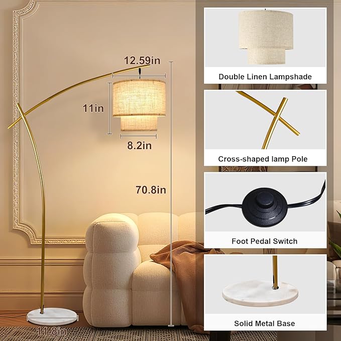 Lightdot Arc RGB Floor Lamp for Living Room, Modern Standing Lamps with Remote Control, Corner Lamp Tall Hanging Pole Lamp with Smart Bulb Included Double Linen Lamp for Bedroom Sofa Beside/Home Decor